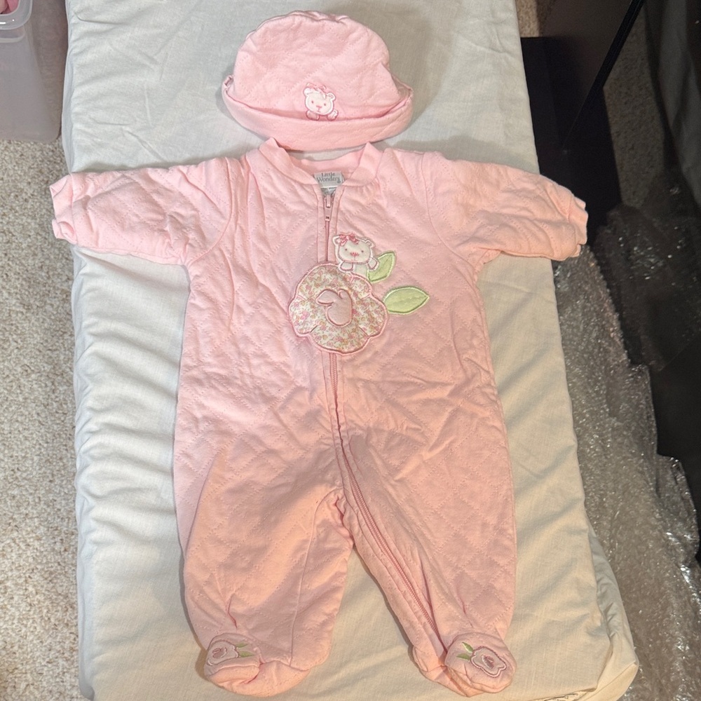 Little Wonders Pink Baby Footie with Hat. 3/20